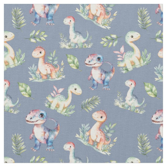 Vattenfärgsinosaurier på Grått-Blue Fabric Tyg (Närbild)