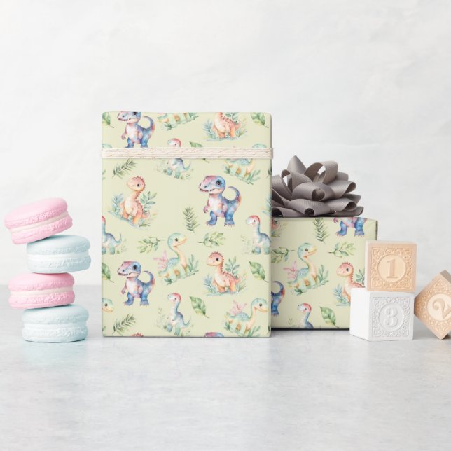 Vattenfärgsinosaurier på Gult Presentpapper (Baby Shower)