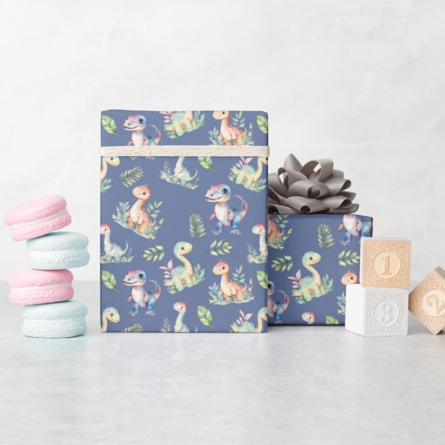 Vattenfärgsinosaurier på Mörk blått Grått Presentpapper (Baby Shower)