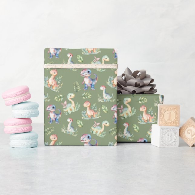 Vattenfärgsinosaurier på Oliv grönt Presentpapper (Baby Shower)