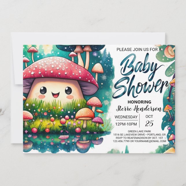 Vattenfärgsinschantment Mushroom Magic Baby Shower Inbjudningar (Framsida)