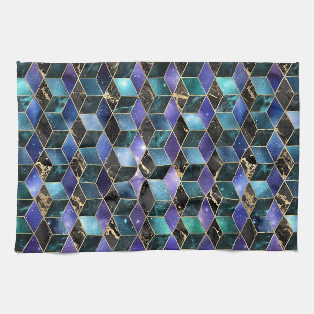 Vattenfärgsisometric med Guld och Marble Galaxy Kökshandduk (Horisontell)