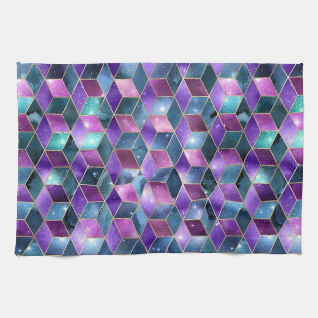 Vattenfärgsisometric med Guld och Marble Galaxy Kökshandduk (Horisontell)