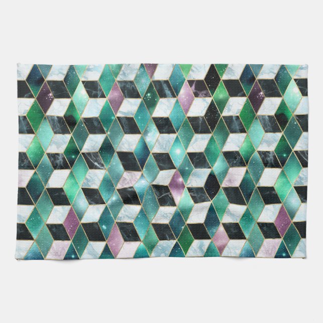 Vattenfärgsisometric med Guld och Marble Galaxy Kökshandduk (Horisontell)