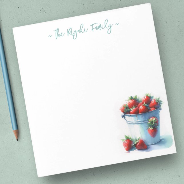 Vattenfärgsjordgubbar Personlig Stationery Anteckningsblock (Strawberry notepads feature watercolor tin pint of strawberries farmhouse retro theme)