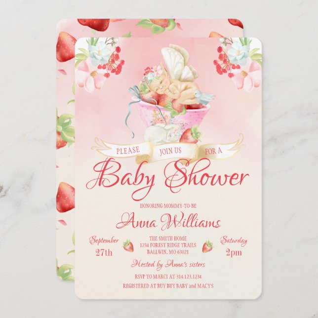 Vattenfärgsjordgubbsblomma Baby Fairy Baby Shower Inbjudningar (Fram/baksida)