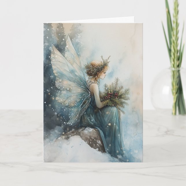 Vattenfärgsjul Aqua Fairy i Snowy Fält Kort (Framsida)