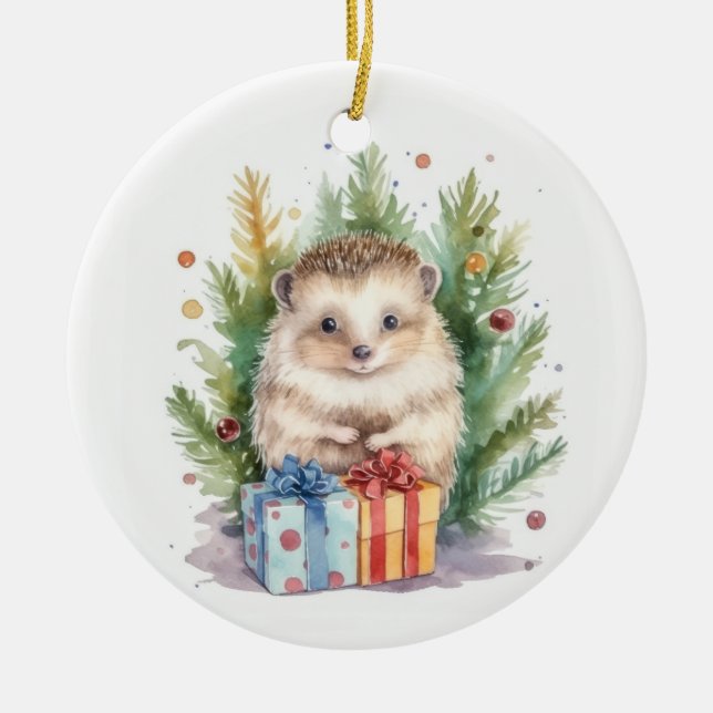 Vattenfärgsjul Hedgehog Julgransprydnad Keramik (Framsidan)