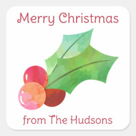 Vattenfärgsjul Holly Gift Stickers Fyrkantigt Klistermärke