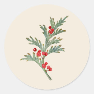 Vattenfärgsjul Juniper Gren med Berries Runt Klistermärke