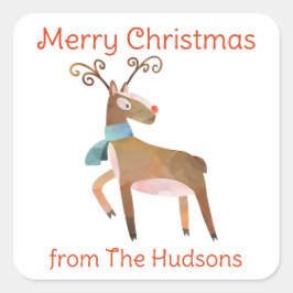 Vattenfärgsjulen Reindeer Gift Stickers Fyrkantigt Klistermärke