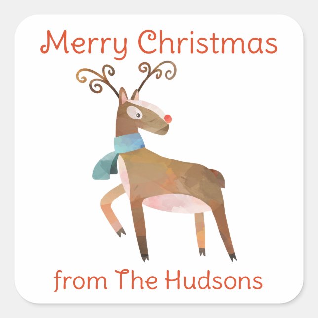 Vattenfärgsjulen Reindeer Gift Stickers Fyrkantigt Klistermärke (Framsida)