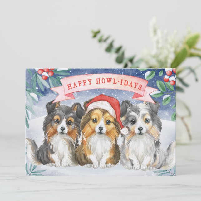 Vattenfärgsjulklapp Sheltie Lycklig Howlidays Card (Stående Fram)
