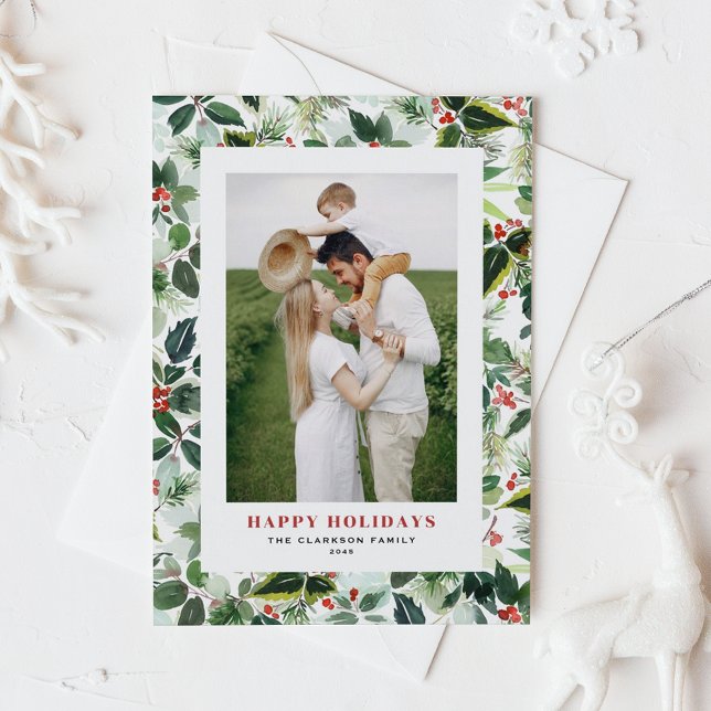 Vattenfärgsjullen Botaniskt foto i Mönster Helgkort (Customizable photo holiday card featuring watercolor pattern of holly and variegated greenery)
