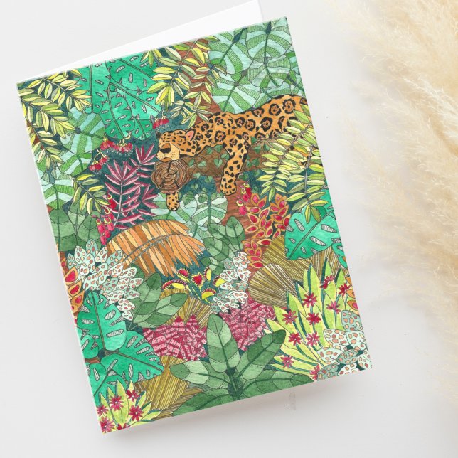 Vattenfärgsjungel med Sömnig Jaguar Blank Card Tack Kort (Skapare uppladdad)