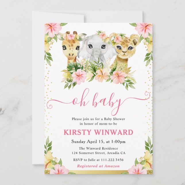 Vattenfärgsjungle-Blommigt-jungle-djur babyskal Inbjudningar (Framsida)