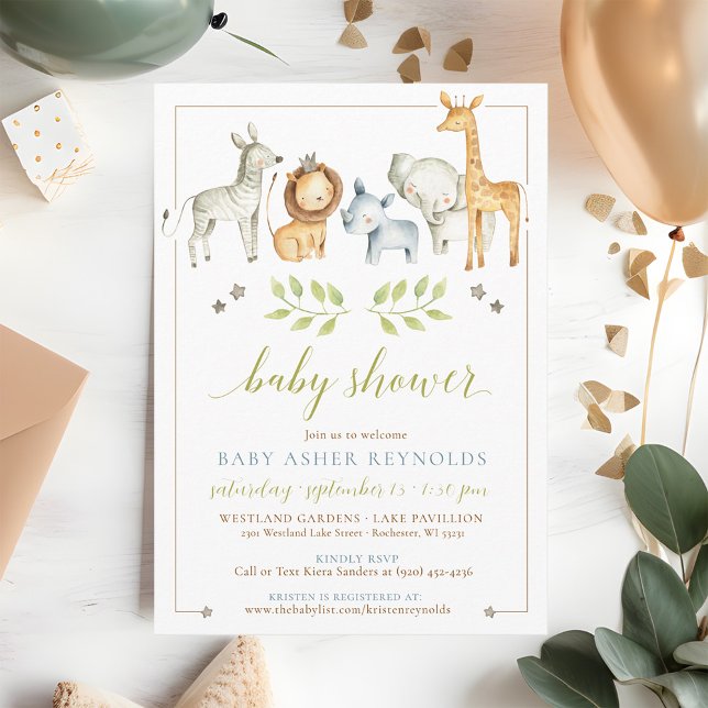 Vattenfärgsjungle Safari Animals Pojke Shower Inbjudningar (Cute simple watercolor wild jungle safari zoo animals welcome baby boy shower invitation QR code)