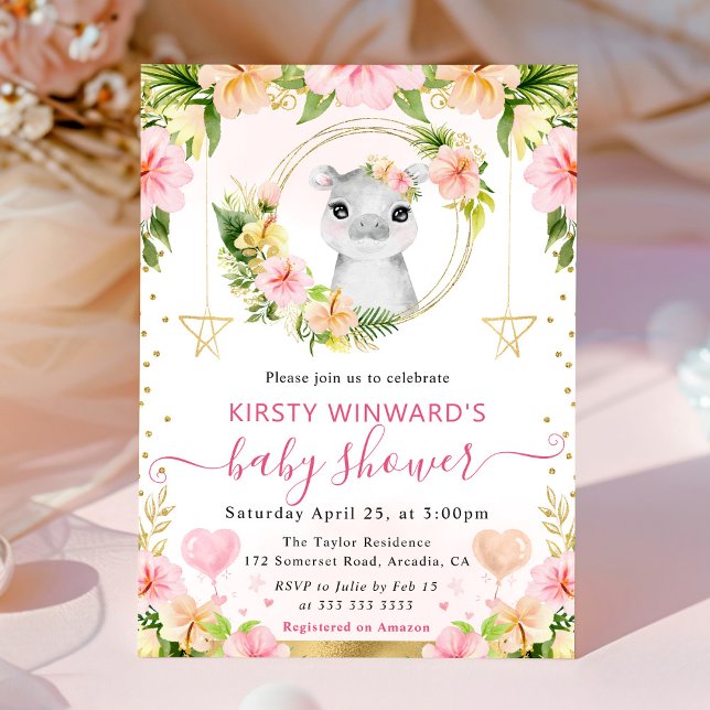 Vattenfärgsjute Cute Rosa Jungle Hippo Baby Shower Inbjudningar (Skapare uppladdad)