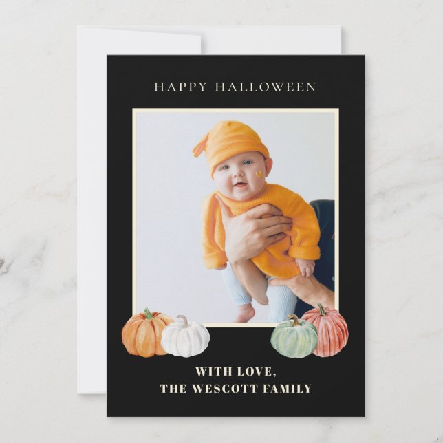 Vattenfärgsk pumpa Halloween fotokort Julkort (Framsida)