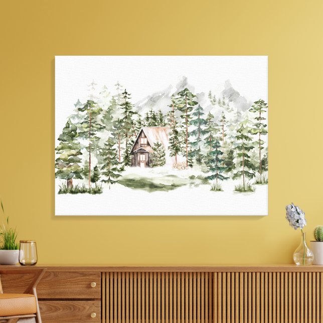Vattenfärgskabinen i skogsområdet Grönt Gräs Canvastryck (Insitu (Vardagsrum))