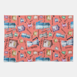 Vattenfärgskaffe espresso kopp, mugg pots mönster kökshandduk