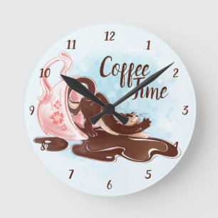 Vattenfärgskaffetid Katt Rund Klocka