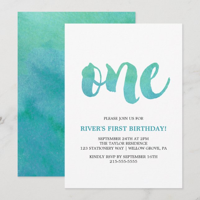 Vattenfärgskalligrafi första födelsedag inbjudningar (Fram/baksida)