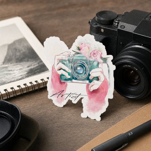 Vattenfärgskamera med rosa blommor dekal (Watercolor Camera With Pink Flowers Sticker)