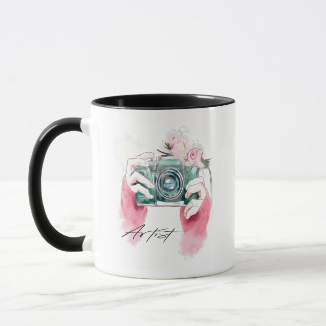 Vattenfärgskamera med Rosa Flowers mugg (Vänster)