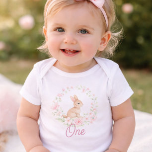 Vattenfärgskanin 1-års födelsedag Blommig flicka T Shirt