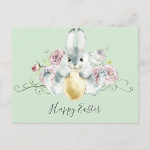 Vattenfärgskanin & blommor påsk vykort