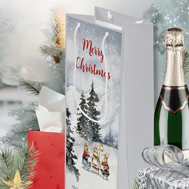 Vattenfärgskanin Carolers Cottagecore (Watercolor Rabbit Carolers Cottagecore Wine Gift Bag ©Susanne Sachers - Sunny Mind 🌞)