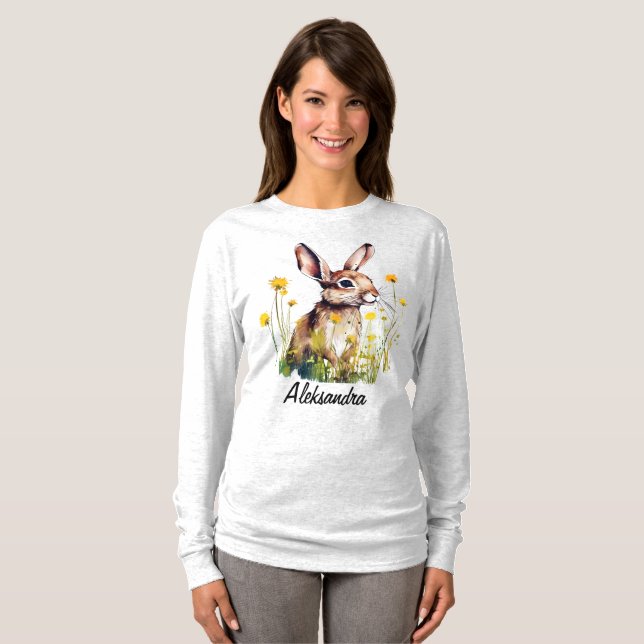 Vattenfärgskanin Gult Flower Långärmad TShirt T Shirt (Hel framsida)