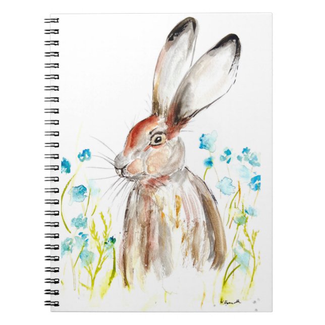 Vattenfärgskanin Påsk hartshare (Blåa blommor) Anteckningsbok (Framsidan)