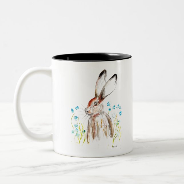 Vattenfärgskanin Påsk hartshare (Blåa blommor) Två-Tonad Mugg (Vänster)