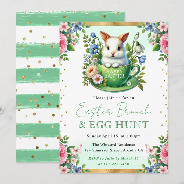 Vattenfärgskanin Vårblommor Påskbrunch Inbjudningar (Fram/baksida)