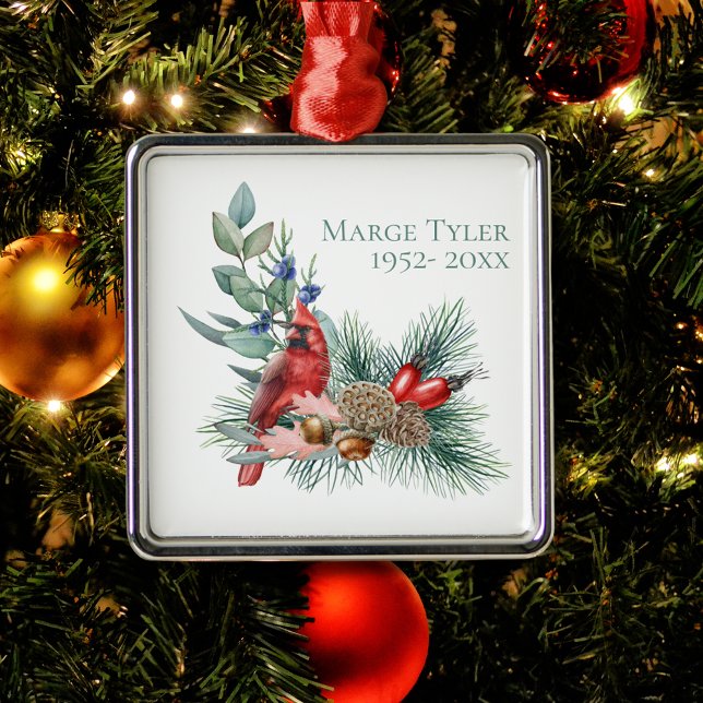 Vattenfärgskardinal Gräs Gren minnesmärke Julgransprydnad Metall (Watercolor Cardinal Pine Branch Remembrance Metal Ornament
)