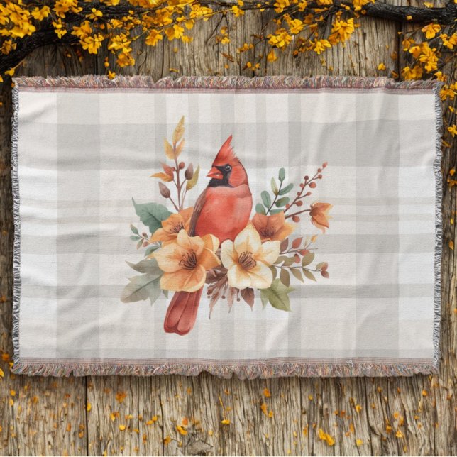 Vattenfärgskardinal med blommor och beläggning filt (Cardinal floral plaid throw blanket)