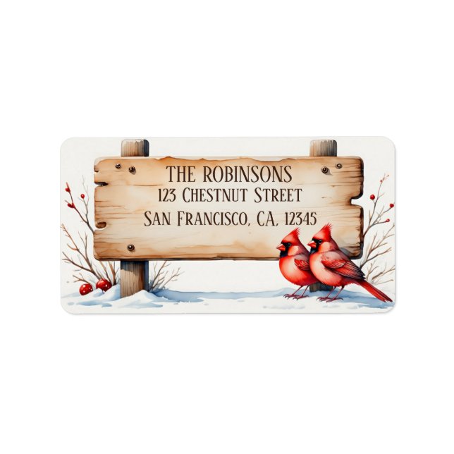 Vattenfärgskardinaler med träskylt adressetikett (Framsidan)