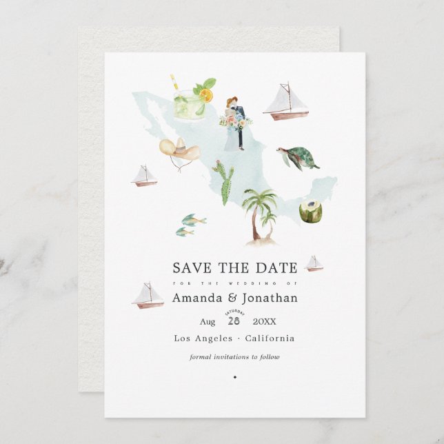 Vattenfärgskarta över Mexiko Destination Bröllopsf Spara Datumet (Fram/baksida)