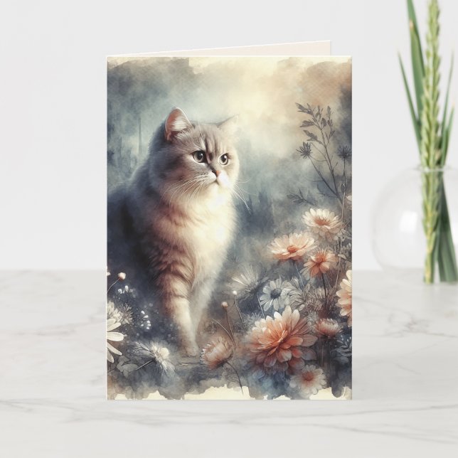 Vattenfärgskat och Blommigt - Mors dag-kort Tack Kort (Framsida)