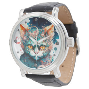 Vattenfärgskatt i steampunk stil armbandsur