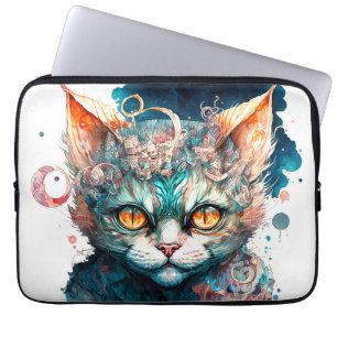 Vattenfärgskatt i steampunk stil laptop fodral
