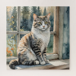 Vattenfärgskatt Sitta på Windows Ledge Puzzle Pussel