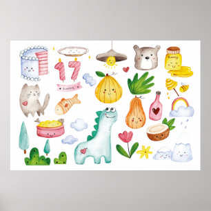 Vattenfärgskawaii doodlar isolerade på vit rygg poster
