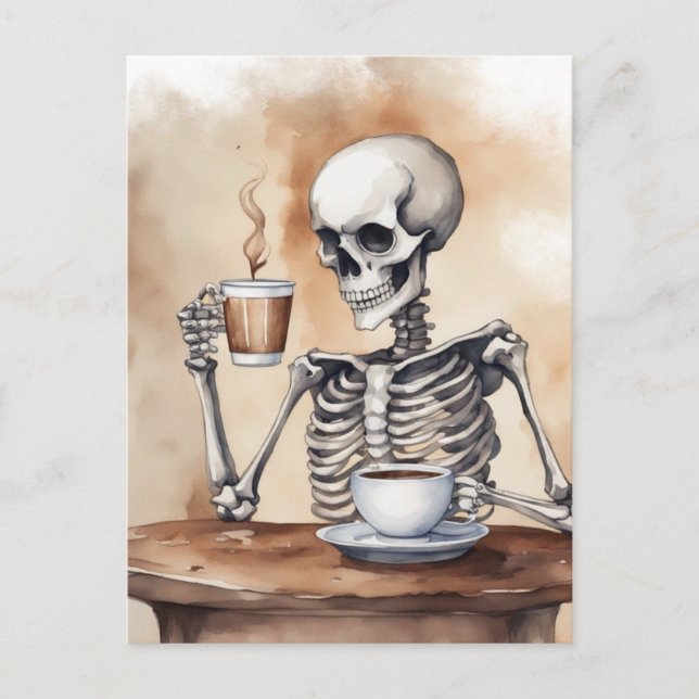Vattenfärgskeleton Enjoys-kaffe Vykort (Framsida)
