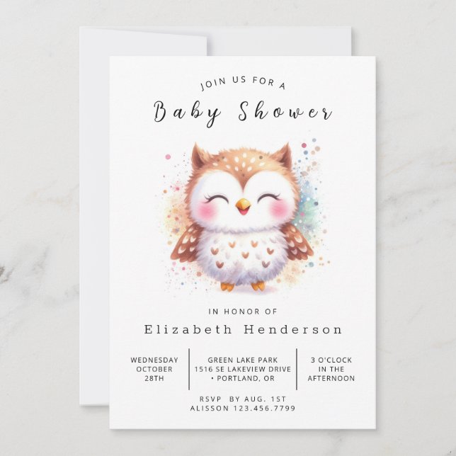 Vattenfärgskikad Baby Owl Shower Inbjudningar (Framsida)