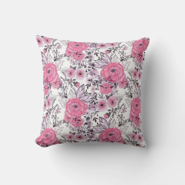 Vattenfärgskissade rosa blommor ljusvit rygg kudde (Framsida)