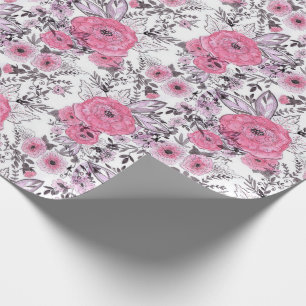 Vattenfärgskissade rosa blommor ljusvit rygg presentpapper