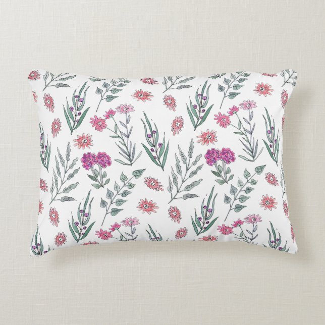 Vattenfärgskissade rosa blommor ljusvit rygg prydnadskudde (Framsidan)